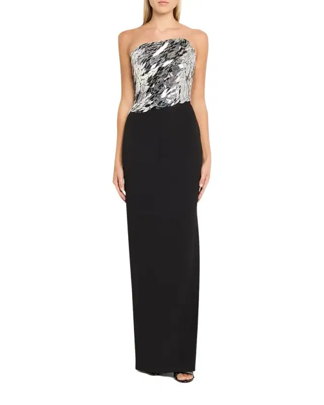 Asymmetric Strapless Mirrored Crepe Column Gown