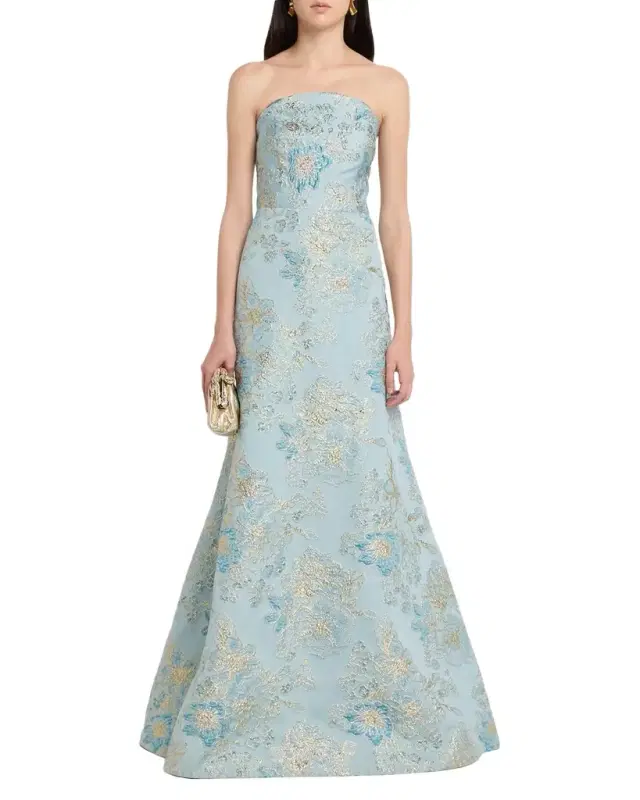 Rickie Freeman for Teri Jon Strapless Metallic Floral Jacquard Gown