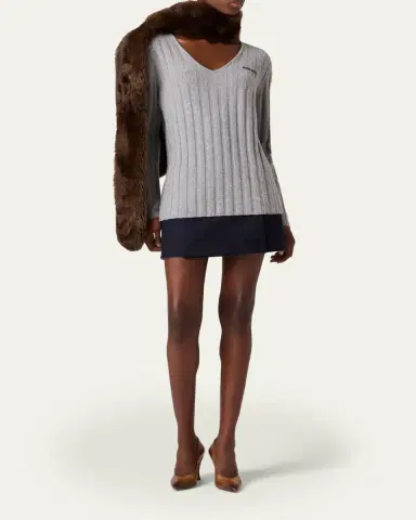Miu Miu Cashmere-Wool Rib V-Neck Sweater | Thumbnail 2