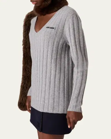 Miu Miu Cashmere-Wool Rib V-Neck Sweater | Thumbnail 4