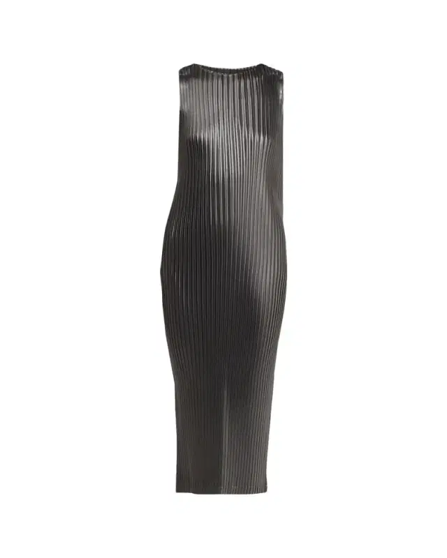 Issey Miyake Sleeveless Glossed Metal Plisse Midi Dress