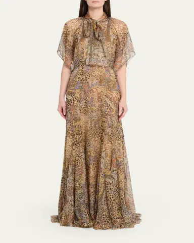 Etro Paisley Animal-Print Silk Chiffon Neck-Scarf Maxi Dress | Thumbnail 2