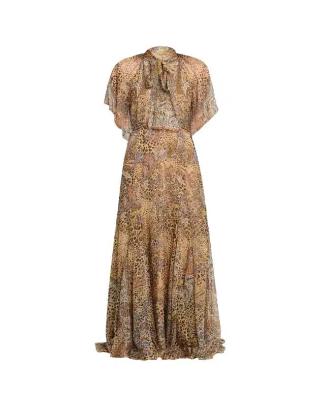 Etro Paisley Animal-Print Silk Chiffon Neck-Scarf Maxi Dress