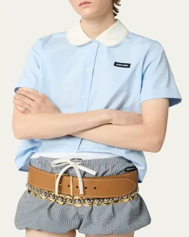Miu Miu Peter-Pan Collar Poplin Short-Sleeve Top | Thumbnail 4