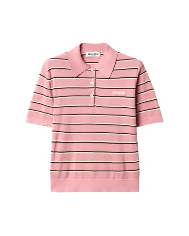 Miu Miu Striped Cotton Knit Short-Sleeve Polo Shirt | Thumbnail 1 Miu Miu Striped Cotton Knit Short-Sleeve Polo Shirt | Thumbnail 1