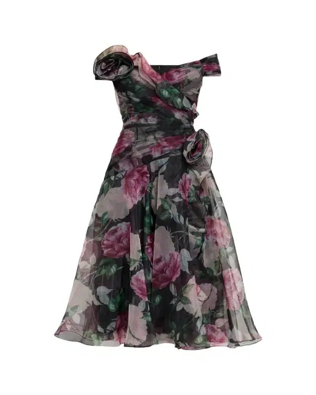 Rickie Freeman for Teri Jon Off-Shoulder Pleated Organza Midi Dress