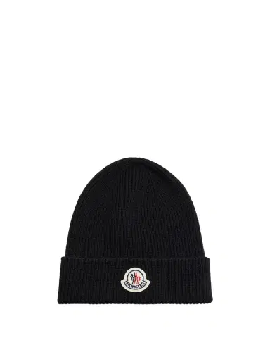 Moncler Men's Ribbed Wool Logo Beanie Hat | Thumbnail 1 Moncler Men's Ribbed Wool Logo Beanie Hat | Thumbnail 1