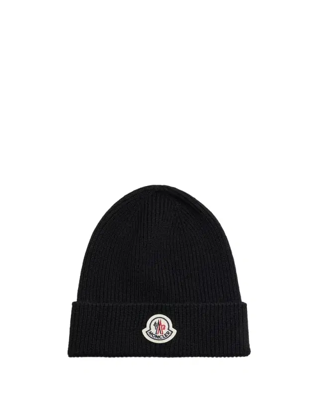 Moncler Men's Ribbed Wool Logo Beanie Hat