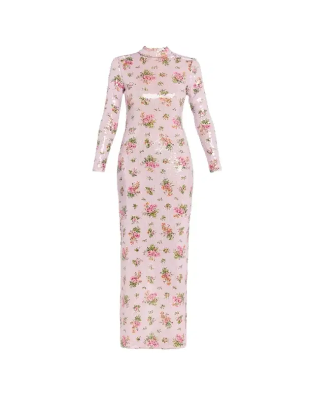 Sequined Floral Long-Sleeve Column Maxi Dress