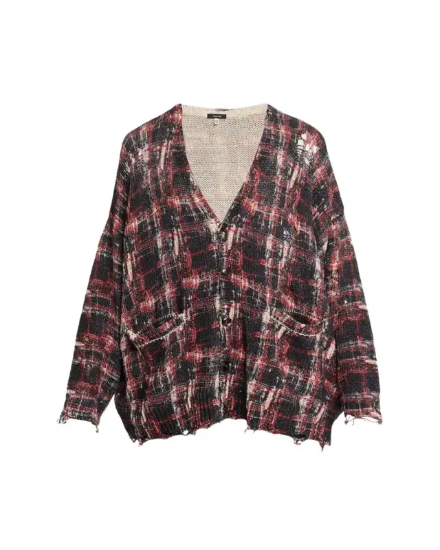 R13 Distressed Oversized Plaid Boyfriend Cardigan