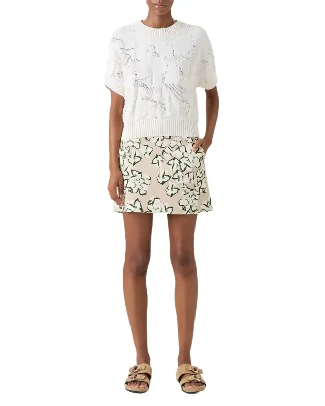 Chunky Flower Ajour Knit Short-Sleeve Sweater