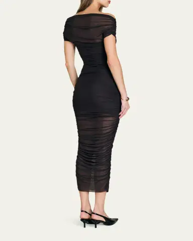 SEROYA Noel Off-Shoulder Ruched Mesh Midi Dress | Thumbnail 3 SEROYA Noel Off-Shoulder Ruched Mesh Midi Dress | Thumbnail 3
