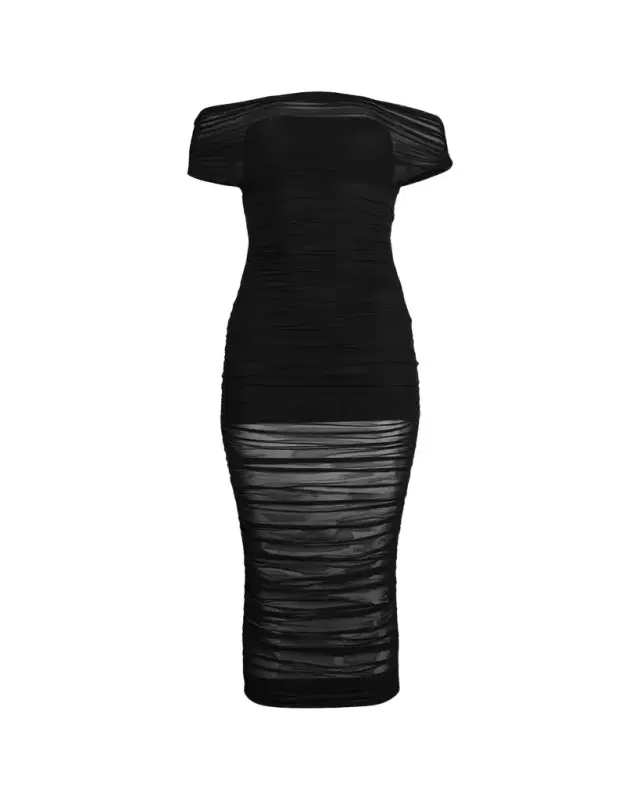 Noel Off-Shoulder Ruched Mesh Midi Dress