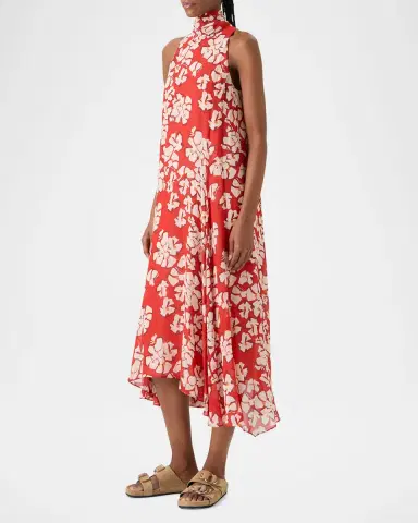 Akris punto Mock-Neck Papercut Floral Print Viscose Georgette Midi Dress | Thumbnail 3