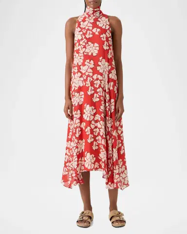 Akris punto Mock-Neck Papercut Floral Print Viscose Georgette Midi Dress | Thumbnail 5