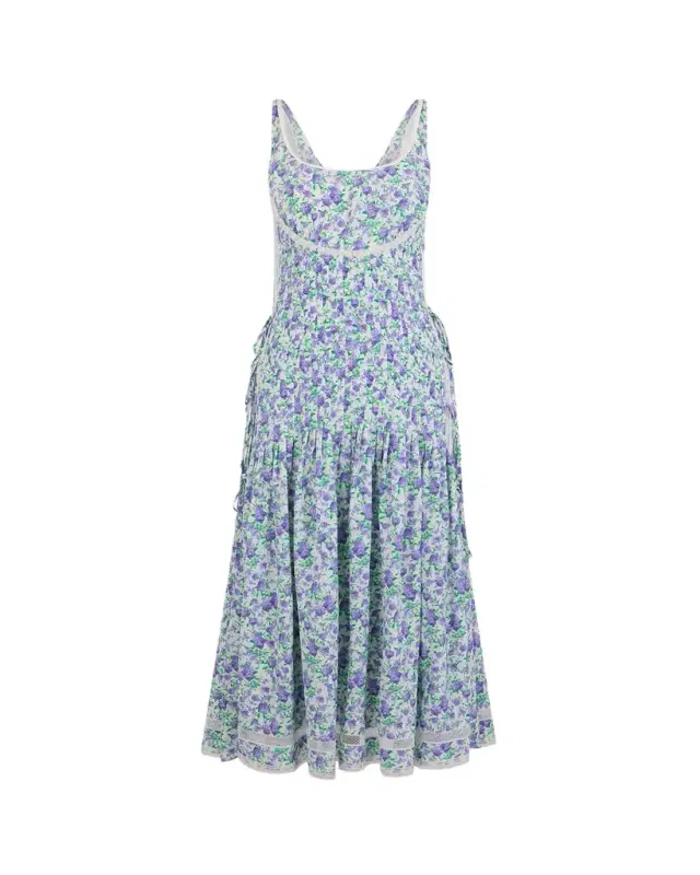 Floral Pleated Silk Crepe Sleeveless Midi Dress
