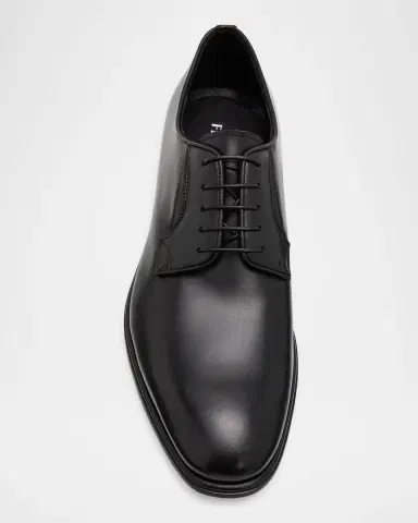 Ferragamo Men's Stefano Almond-Toe Leather Derby Shoes | Thumbnail 3