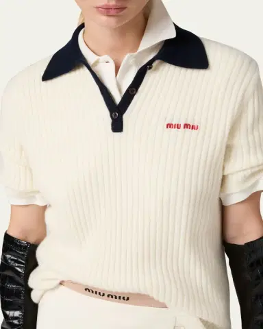 Miu Miu Ribbed Short Sleeve Polo Cashmere Shirt | Thumbnail 3