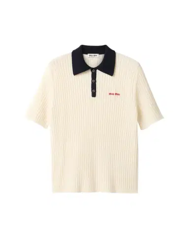 Miu Miu Ribbed Short Sleeve Polo Cashmere Shirt | Thumbnail 1