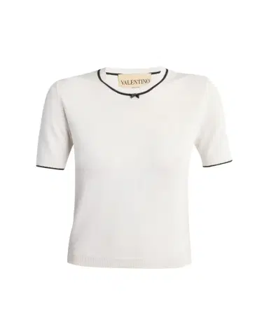Valentino Garavani V-Logo Bow Short-Sleeve Wool Sweater | Thumbnail 1 Valentino Garavani V-Logo Bow Short-Sleeve Wool Sweater | Thumbnail 1