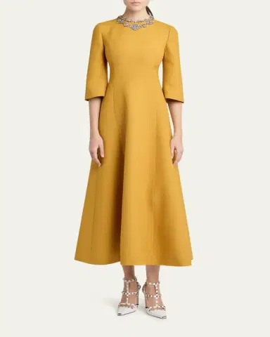 Valentino Garavani Crystal Embroidered Silk-Wool 3/4-Sleeve Midi Dress | Thumbnail 2