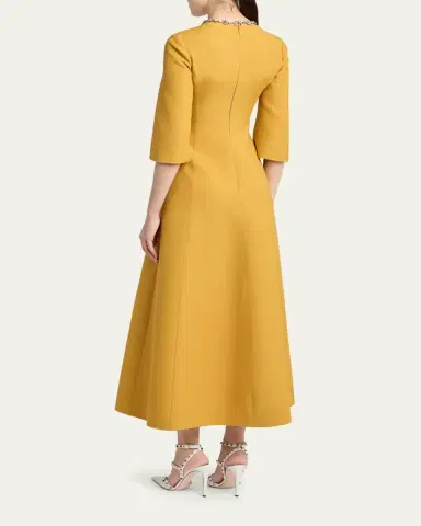 Valentino Garavani Crystal Embroidered Silk-Wool 3/4-Sleeve Midi Dress | Thumbnail 3