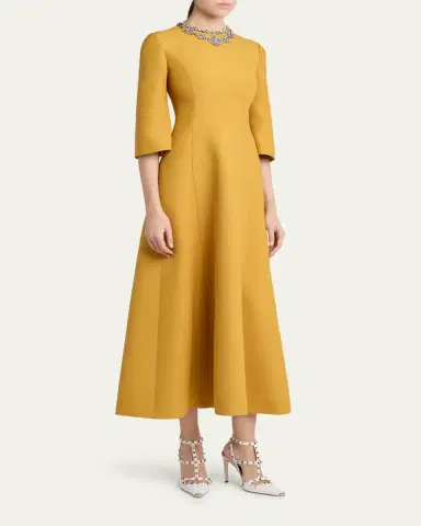 Valentino Garavani Crystal Embroidered Silk-Wool 3/4-Sleeve Midi Dress | Thumbnail 4