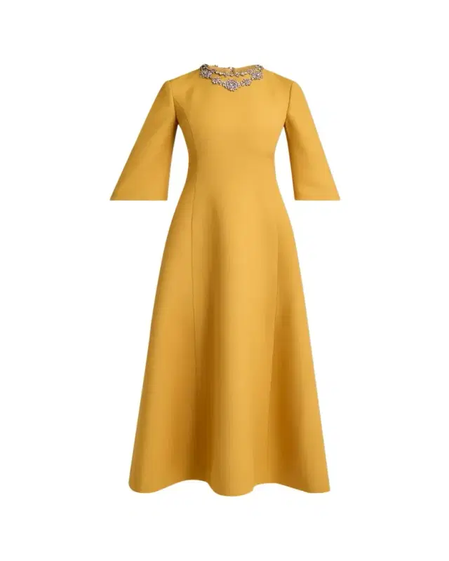 Valentino Garavani Crystal Embroidered Silk-Wool 3/4-Sleeve Midi Dress