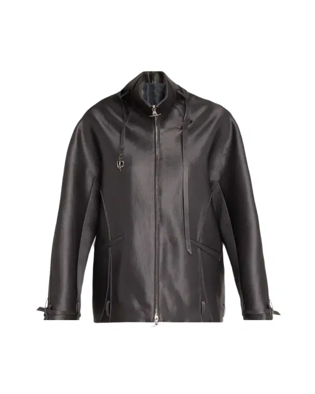 GRACE LING Belted Collar Striped Wool Oversized Jacket