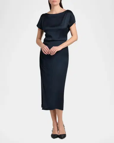 Giorgio Armani Hammered Satin Cap-Sleeve Wrap Midi Dress | Thumbnail 2 Giorgio Armani Hammered Satin Cap-Sleeve Wrap Midi Dress | Thumbnail 2