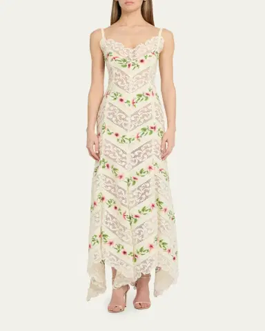 Oscar de la Renta Sleeveless Chine Hibiscus Floral Chevron Maxi Dress | Thumbnail 2