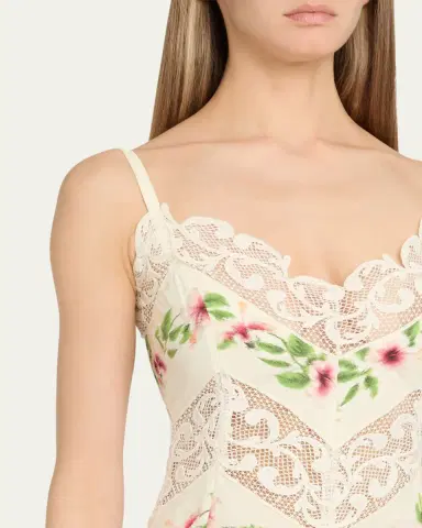 Oscar de la Renta Sleeveless Chine Hibiscus Floral Chevron Maxi Dress | Thumbnail 5