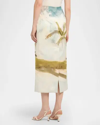 Oscar de la Renta Palm Tree Satin Midi Pencil Skirt | Thumbnail 2 Oscar de la Renta Palm Tree Satin Midi Pencil Skirt | Thumbnail 2