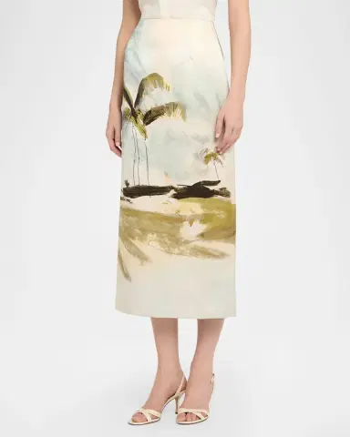 Oscar de la Renta Palm Tree Satin Midi Pencil Skirt | Thumbnail 3 Oscar de la Renta Palm Tree Satin Midi Pencil Skirt | Thumbnail 3