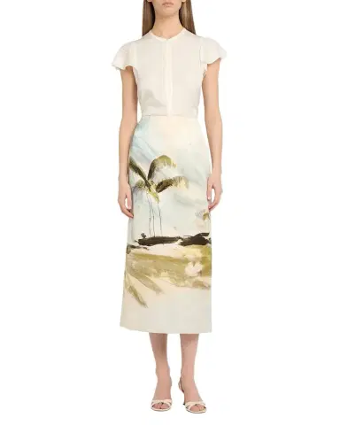 Oscar de la Renta Palm Tree Satin Midi Pencil Skirt | Thumbnail 1 Oscar de la Renta Palm Tree Satin Midi Pencil Skirt | Thumbnail 1