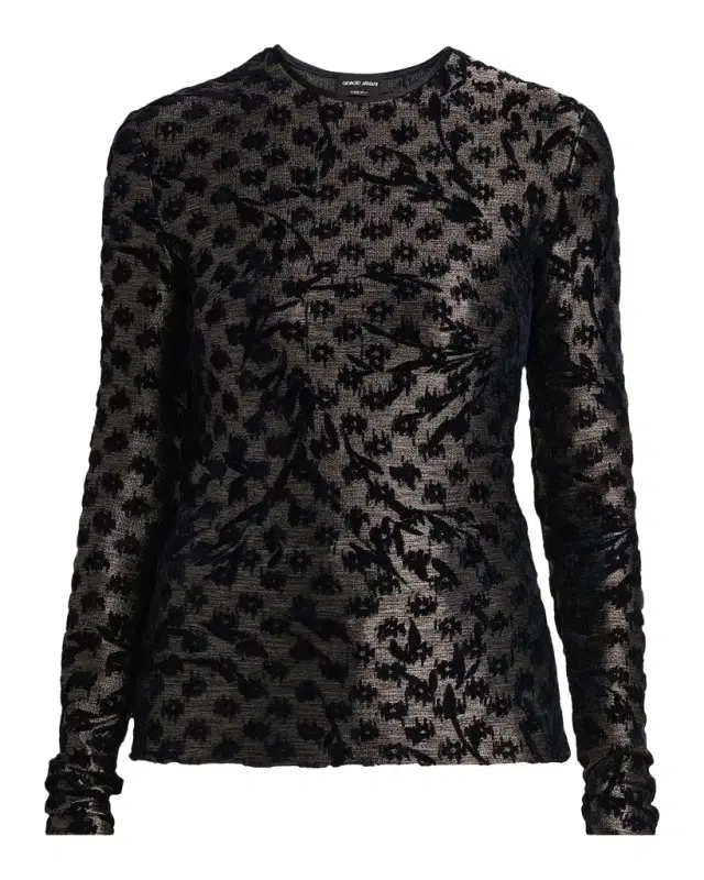 Floral Metallic Burnout Long-Sleeve Top