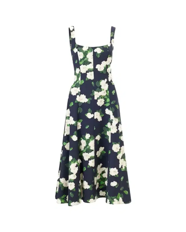 Carolina Herrera Sleeveless Square-Neck Rose-Print Paneled Midi Dress