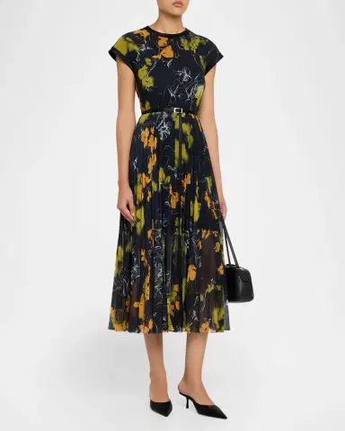 Jason Wu Collection Shadow Floral Pleated Crepe De Chine Midi Dress | Thumbnail 3