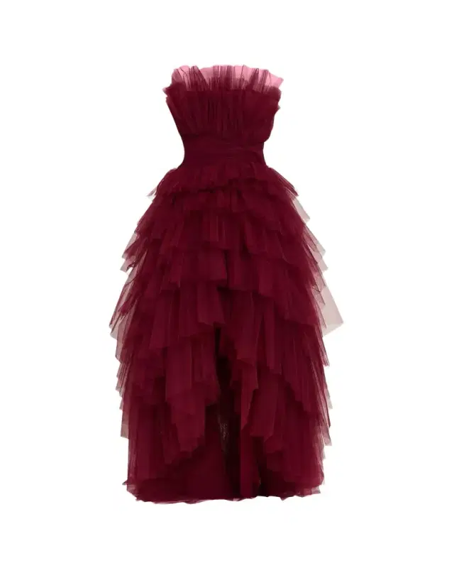 Strapless Tiered Tulle High-Low Gown