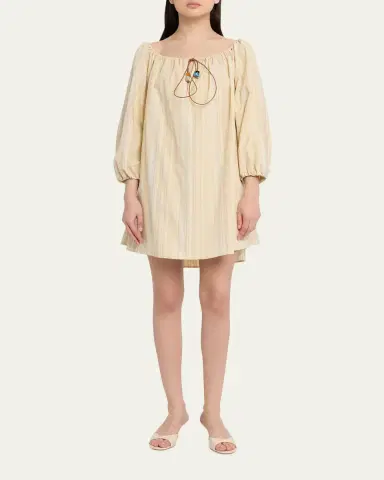 BERNADETTE Tie-Neck Striped Cotton Long-Sleeve Mini Dress | Thumbnail 2 BERNADETTE Tie-Neck Striped Cotton Long-Sleeve Mini Dress | Thumbnail 2