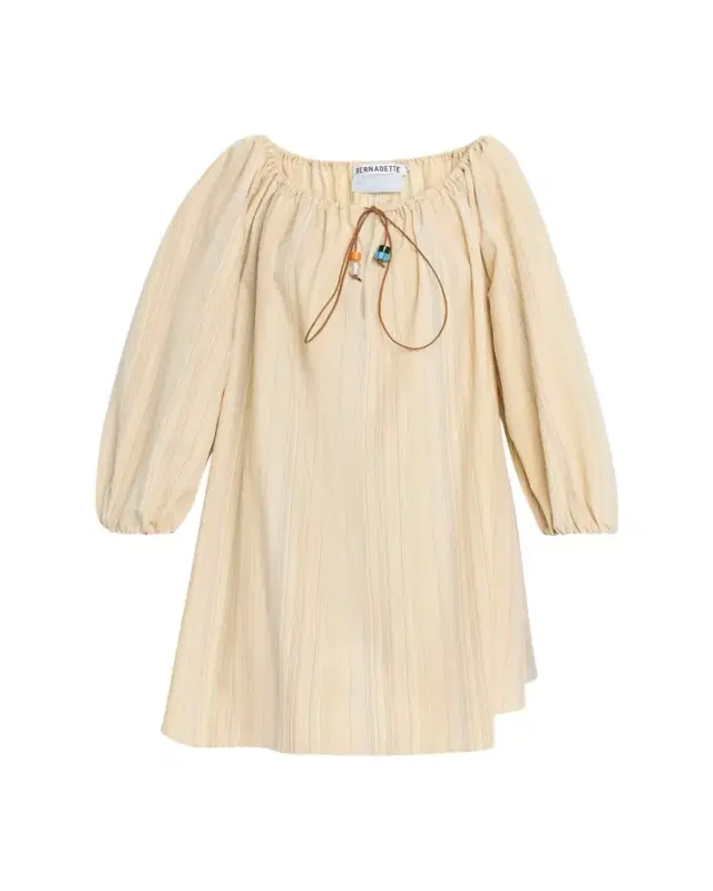Tie-Neck Striped Cotton Long-Sleeve Mini Dress