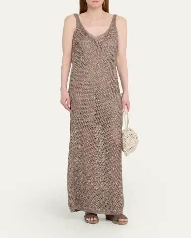Brunello Cucinelli Shimmering Net Knit Sleeveless Maxi Dress | Thumbnail 2