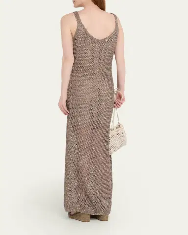 Brunello Cucinelli Shimmering Net Knit Sleeveless Maxi Dress | Thumbnail 3