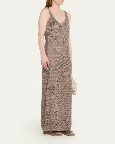 Brunello Cucinelli Shimmering Net Knit Sleeveless Maxi Dress | Thumbnail 4