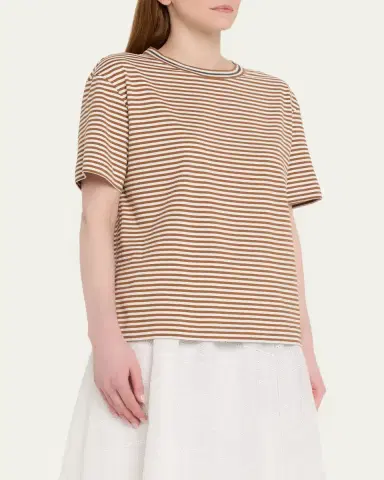 Brunello Cucinelli Monili Trim Striped Cotton T-Shirt | Thumbnail 4 Brunello Cucinelli Monili Trim Striped Cotton T-Shirt | Thumbnail 4