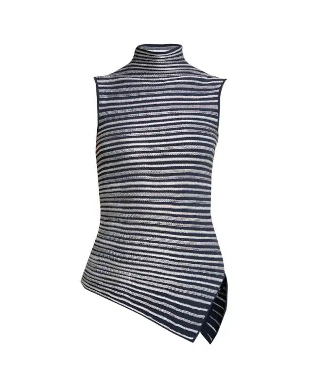 Asymmetric Metallic Striped Knit Turtleneck Top