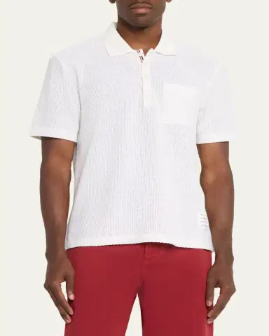 Thom Browne Men's Textured Cotton and Linen Polo Shirt | Thumbnail 4 Thom Browne Men's Textured Cotton and Linen Polo Shirt | Thumbnail 4
