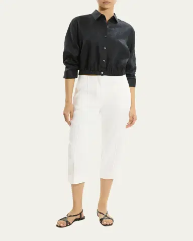 Theory Ruched-Sleeve Cropped Linen Shirt | Thumbnail 2