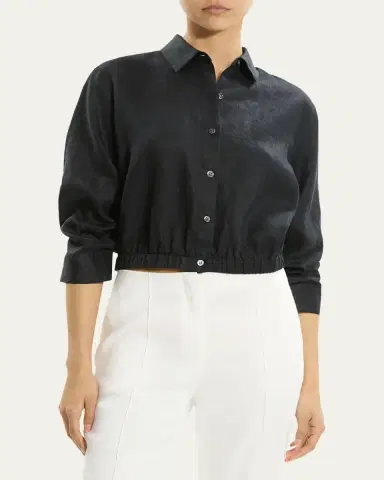 Theory Ruched-Sleeve Cropped Linen Shirt | Thumbnail 4