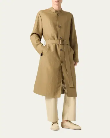 Loro Piana Men's Doran Linen Band-Collar Belted Trench Coat | Thumbnail 4 Loro Piana Men's Doran Linen Band-Collar Belted Trench Coat | Thumbnail 4